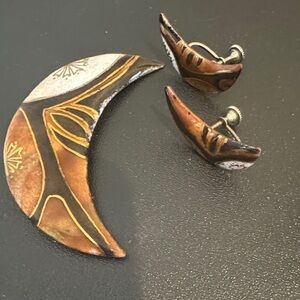 French hand-painted crescent moon brooch with matching earrings